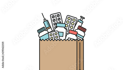 Brown paper grocery bag is filled with various medical supplies including medicine bottles, pill packs, and a syringe on a plain background.
