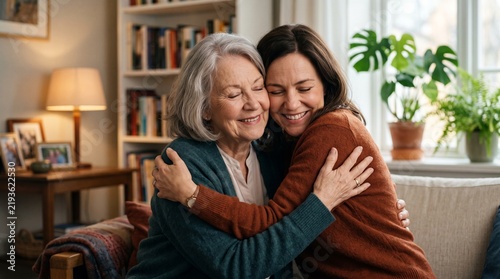 elderly mother and adult daughter sharing hug inside home  
