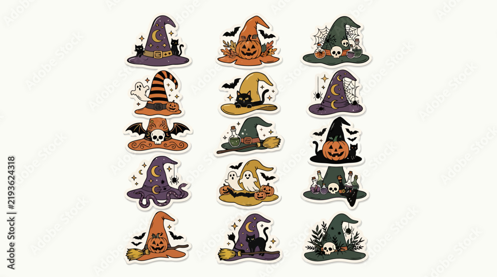 Obraz premium Collection of halloween theme stickers with witch hats and pumpkins halloween decoration celebration