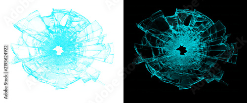 Quadro su tela Cyan neon glowing shattered glass effect on black and white background