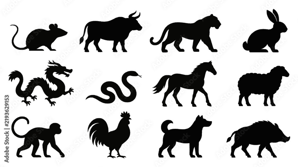 Obraz premium 十二支の動物を描いた黒いシルエット12種セット / Complete Japanese Zodiac Animal Silhouette Collection of Twelve Signs（Generative AI）