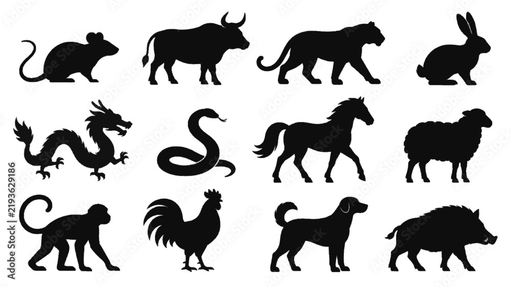Obraz premium 十二支の動物を描いた黒いシルエット12種セット / Complete Japanese Zodiac Animal Silhouette Collection of Twelve Signs（Generative AI）