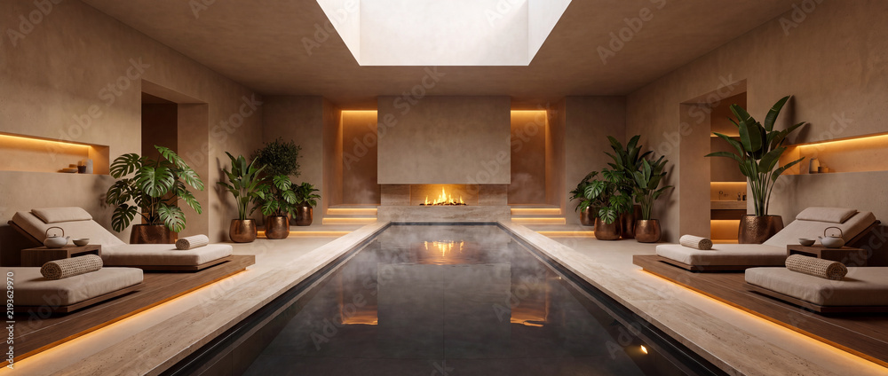 Fototapeta premium Indoor pool in luxury wellness spa featuring steaming thermal water, modern fireplace, comfortable loungers, and warm ambient lighting for hotel retreat relaxation and hydrotherapy