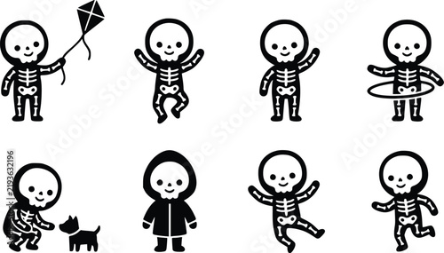 Skeleton characters vector set featuring cute cartoon figures playing with toys in diverse energetic poses for halloween holiday design projects