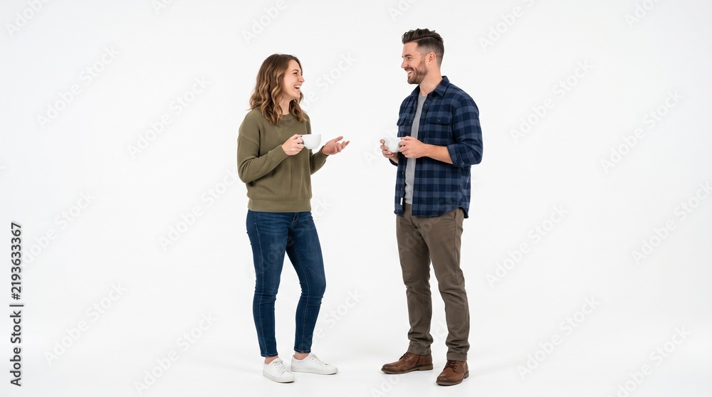 Fototapeta premium Happy young couple standing and talking while holding coffee cups isolated on white background