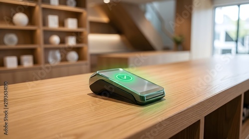 Modern Wireless Payment Terminal with Green Light on Wooden Table