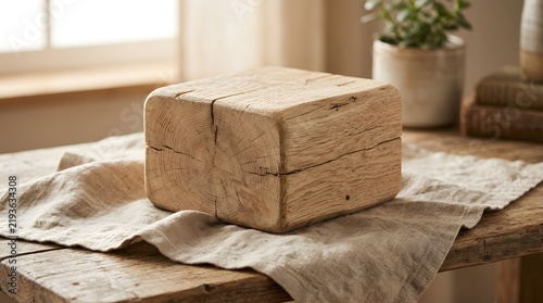 Minimalist rustic wood block on natural linen fabric