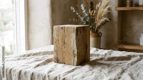 Wooden Cube Block on Linen Fabric for Natural Product Display