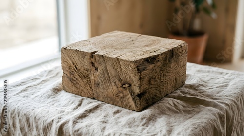 Rustic square wooden block resting on a textured linen fabric tablecloth