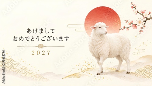 2027年未年のシンプルな羊の年賀状 / Simple 2027 Year of the Sheep New Year card with sheep (Generative AI)
