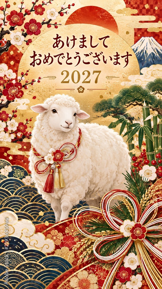 Fototapeta premium 2027年豪華な未年の年賀状 / 2027 Luxurious Year of the Sheep New Year card (Generative AI)
