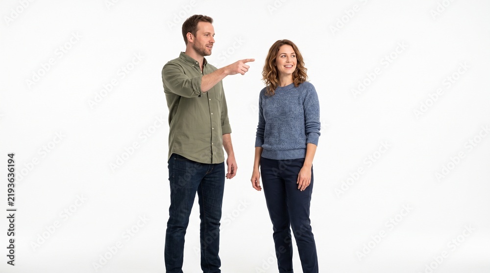 Obraz premium A man pointing at something while standing next to a woman who is looking in the same direction, isolated on white background