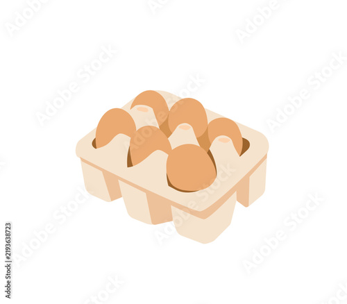 Open cardboard egg carton tray holding six fresh brown chicken eggs isolated on white background. Dairy and baking food ingredient vector element.