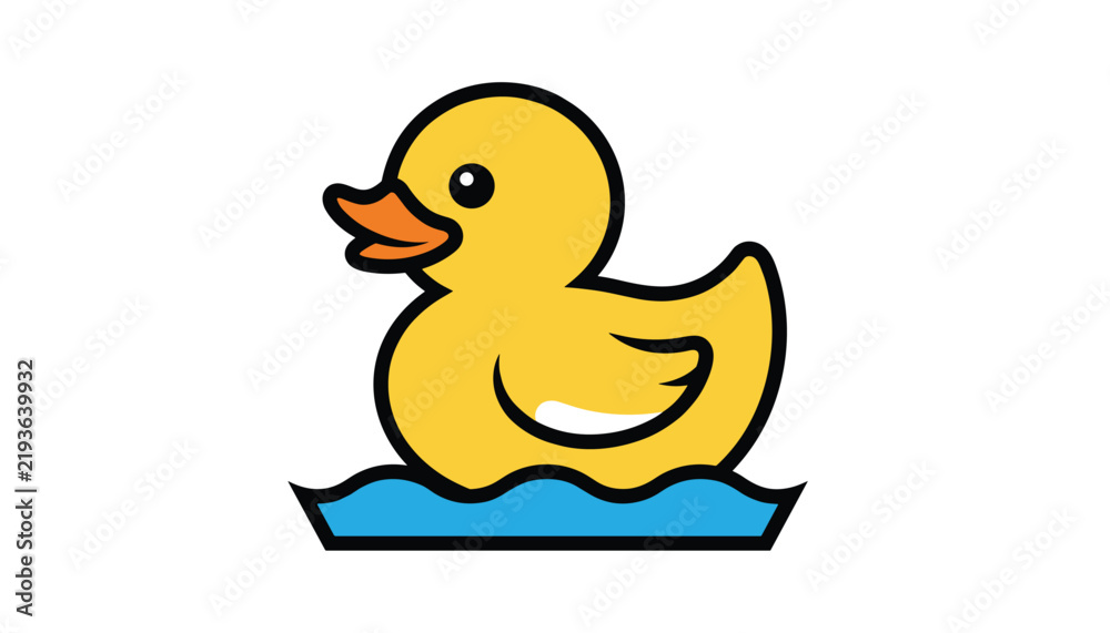 Fototapeta premium Yellow rubber duck toy floating on bright blue water waves against a white background for childhood playtime fun.