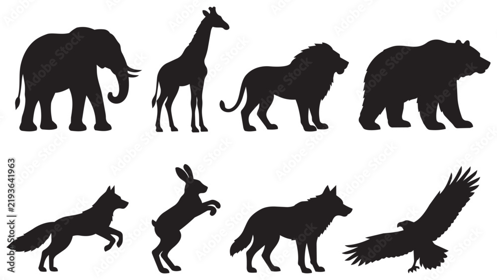 Obraz premium Black Silhouettes of Wild Animals and Birds