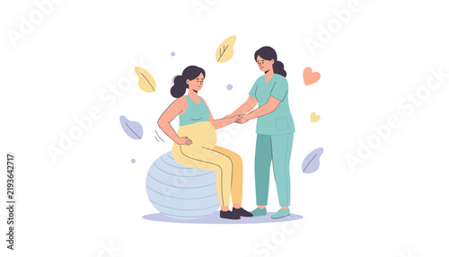 Pregnant woman sitting on a blue exercise ball while receiving support from a healthcare professional or midwife at home.