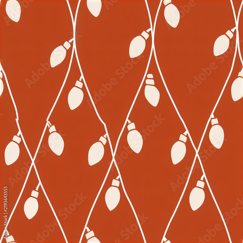 Seamless pattern features white Christmas lights on an orange background
