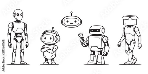 Line art collection of funny humanoid robots featuring creative designs for comic style projects.