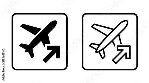 Minimalist airplane departure icon featuring aircraft silhouette and directional arrow inside rounded square boundary