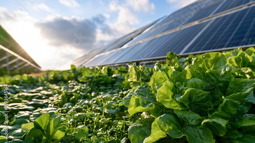Solar panels sit in a field surrounded by thriving green plants