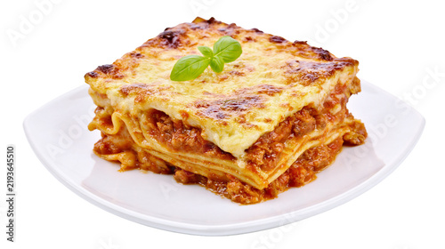 Fotografie Isolated delicious baked lasagna slice with meat and cheese on a plate, traditio