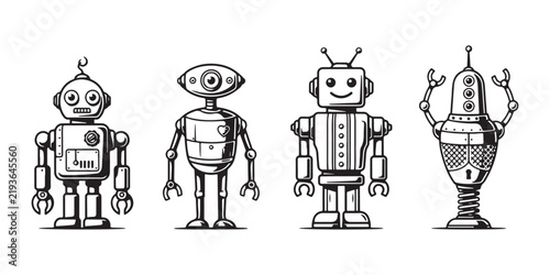 Retro robot silhouettes with vintage mechanical details and classic science fiction aesthetic styles.