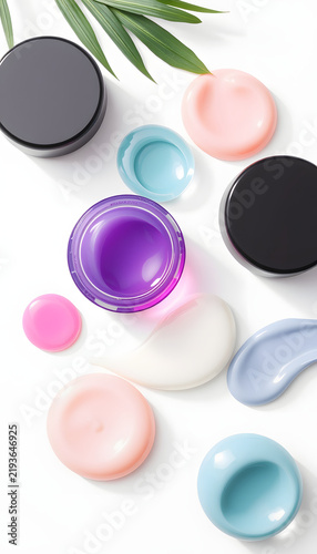 Set with samples of cosmetic gel on white background. Banner design, minimalism. White tone