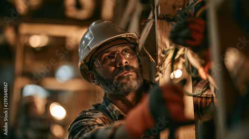 Construction Worker Electrician Hard Hat Safety Wiring Job Site Technician Building Skilled Trade Labor