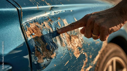 Car Damage Rust Paint Peeling Hand Pointing Vintage Vehicle Restoration Repair Body Corrosion Inspection