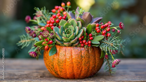 Small orange pumpkin sits on a wooden surface outdoors filled with green succulents and bright red berries for a colorful holiday and seasonal display during the daytime.