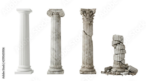 Obraz na płótnie Classical marble architecture columns showcasing various structural styles and eroded stone textures isolated on transparent background