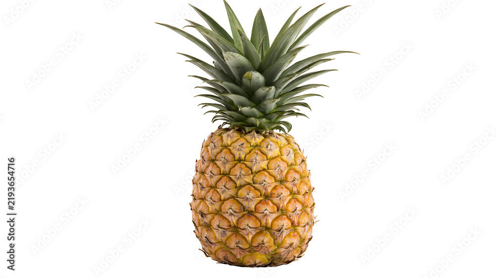 Fototapeta premium Isolated fresh ripe whole pineapple fruit with green spiky leaves, ready for a healthy snack