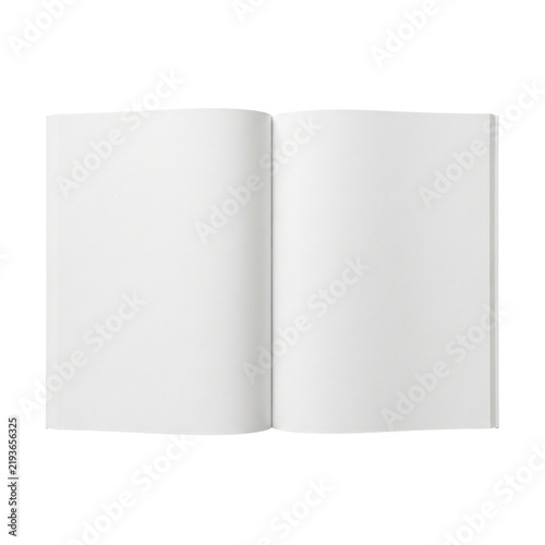 Blank open book mockup showing two clean white pages with sharp edges on transparent background