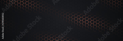 Dark hexagonal honeycomb pattern with glowing copper and bronze light accents, abstract geometric grid background, with metallic edge illumination
