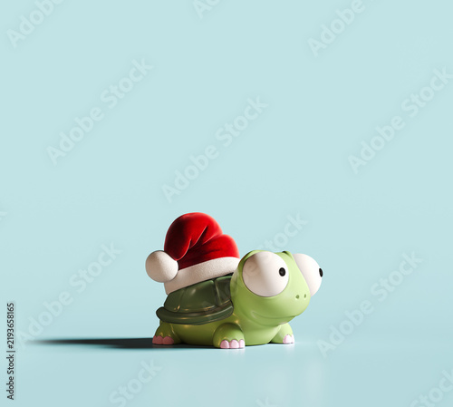Christmas is coming. Cute turtle wearing Santa's hat on blue background with copy space. 3D Rendering, 3D Illustration