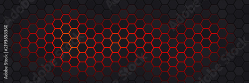 Dark hexagonal grid pattern with glowing red backlight, 3D geometric honeycomb texture with luminous orange and red light effects