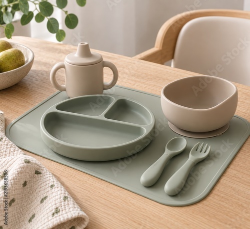 Modern Silicone Baby Feeding Set on Wooden Table