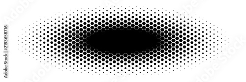 Black and white hexagonal halftone pattern, elliptical gradient transition with varying polygon sizes on a white background