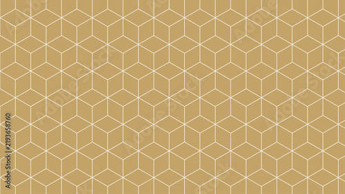 Seamless geometric pattern with thin white lines forming repeating hexagons and cubes on a solid metallic gold background