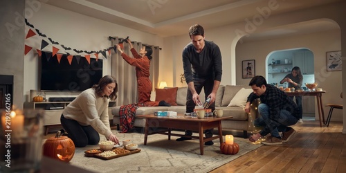 Friends preparing for a cozy halloween party in a decorated living room, halloween theme, halloween celebration