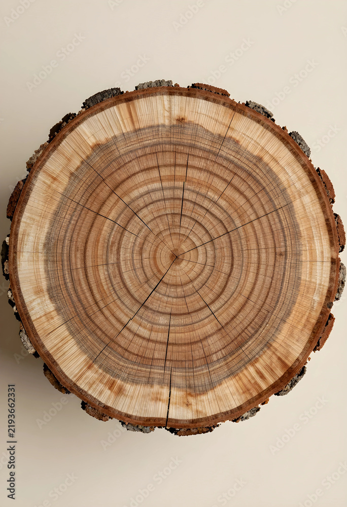 Obraz premium Sustainability and climate change, tree ring cross section showing growth history and environmental impact on a neutral background for nature concepts