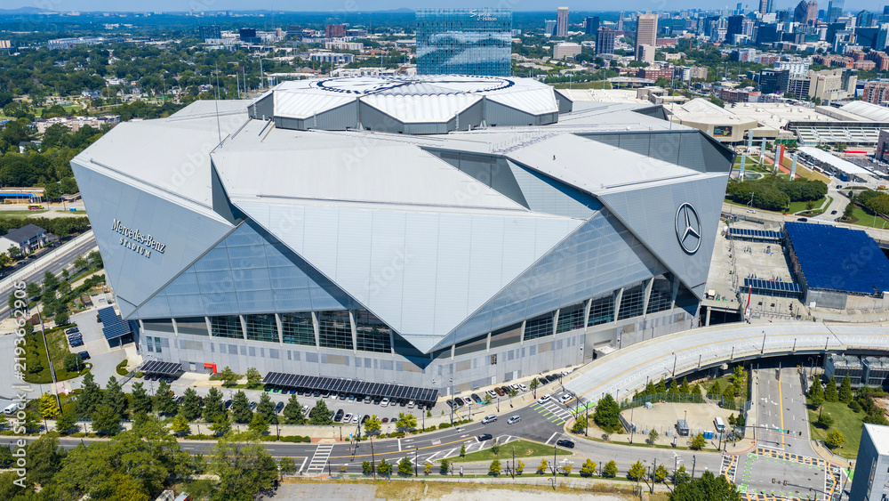 Obraz premium Aerial shot of Mercedes-Benz Stadium home of the Falcons in Atlanta Georgia USA