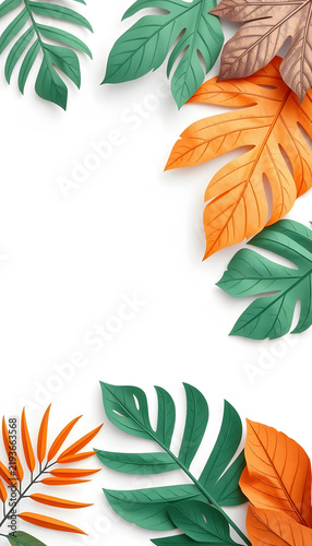 Tropical leaves banner on white background with copy space, papercraft. White tone