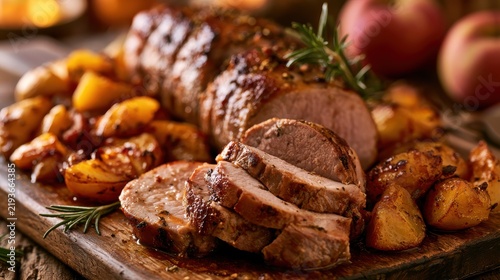 Pan-roasted pork tenderloin, sliced to show juicy interior, served with caramelized apples, autumn lighting