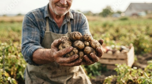 Farmer Holding Freshly Harvested Potatoes in Hands on Agricultural Field