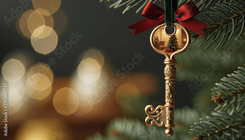 Vintage Christmas key ornament hanging from a green pine tree  