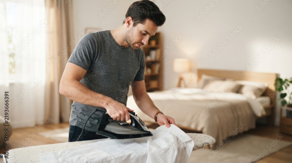 Fototapeta premium Young Man Ironing White Shirt on Ironing Board While Doing Household Chores at Home