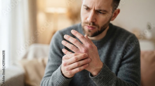 Concerned Man Examining Red Irritated Dry Skin on Hand at Home