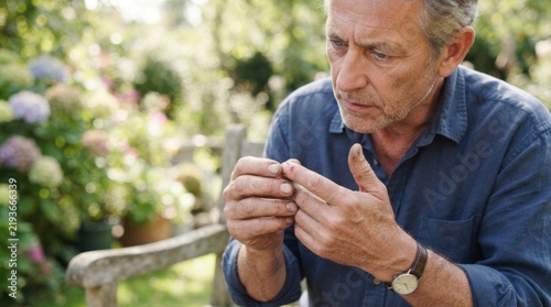 Mature Man Examining Small Finger Cut While Gardening Outdoors