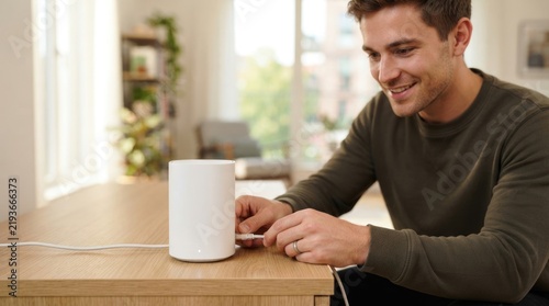 Smiling Young Man Connecting Ethernet Cable to Wireless Router During Home Internet Setup